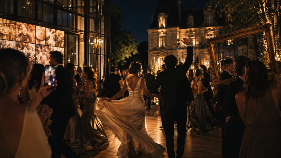 The bride spins on the dance floor while the live Wall glows with everyone’s photos beside the band