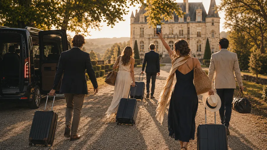 Guests roll their suitcases away down the drive, one arm raised for a last photo of the château