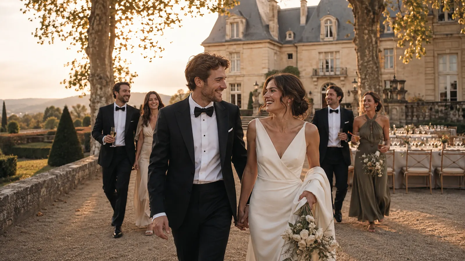 A bride and groom walk ahead of their guests at golden hour, the reception tables waiting behind them
