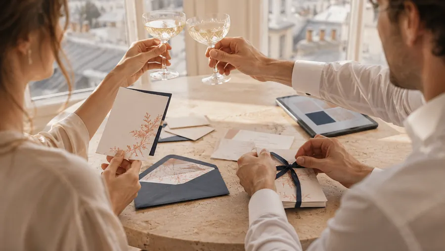 Two glasses raised over the finished invitation suite — cream cards, navy envelopes, a ribboned keepsake