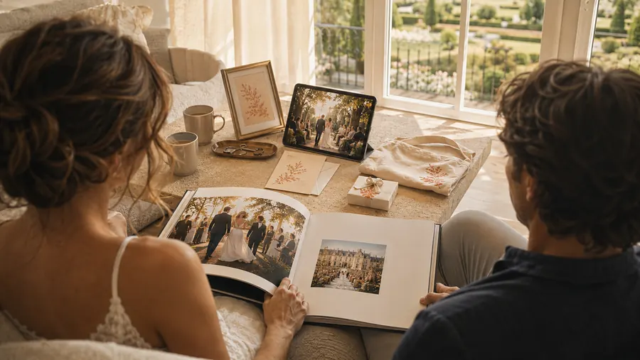 The couple at home a year on, the printed layflat album open across their laps while the film plays on a tablet