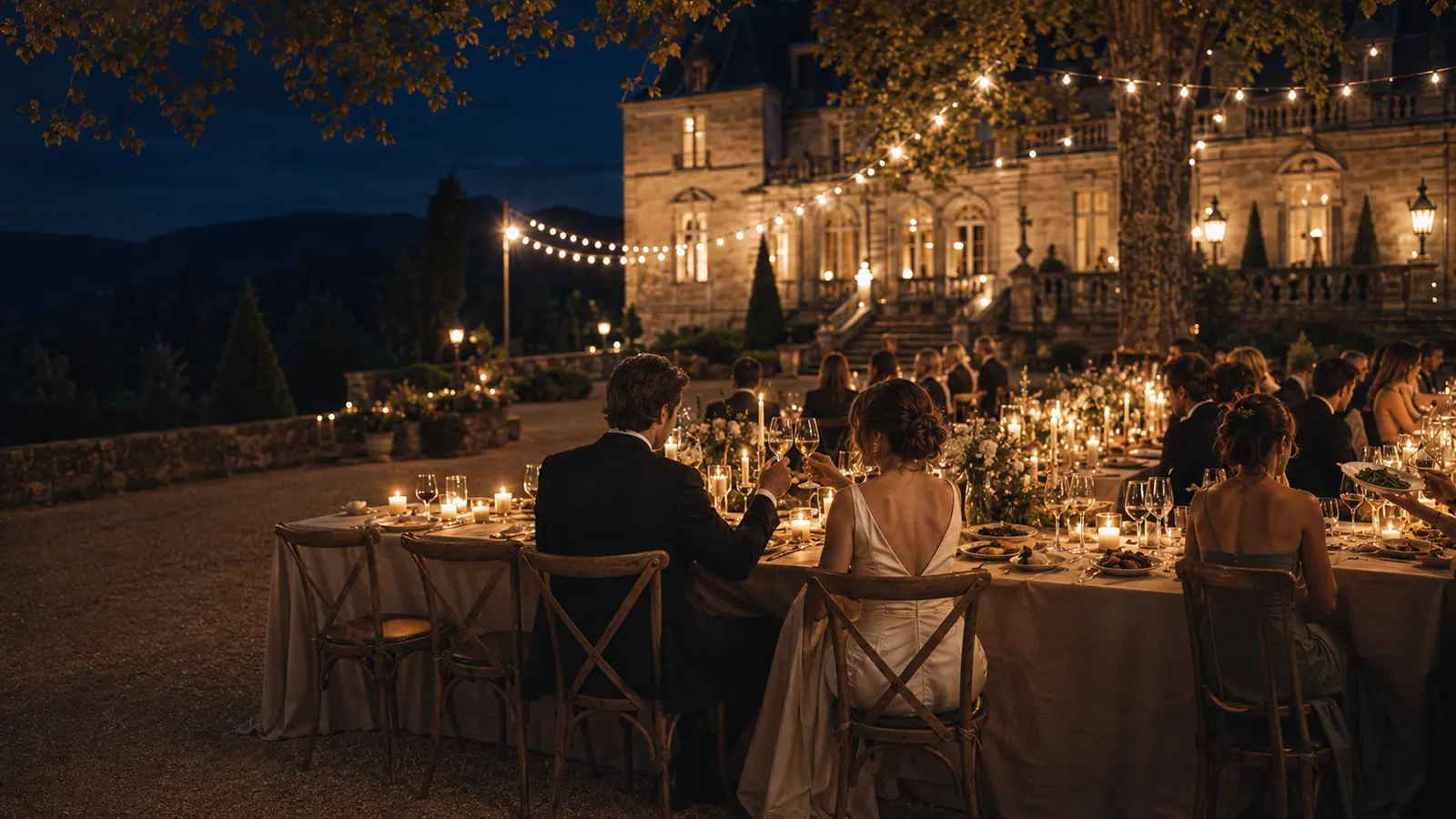 The long reception table at night under festoon lights, the château glowing behind, every seat full