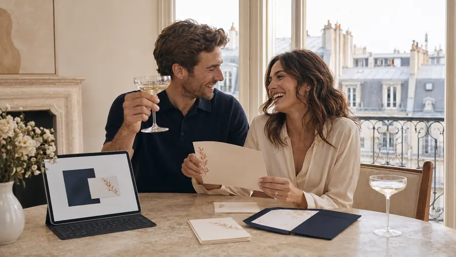 A couple at their kitchen table with a glass of wine, invitation samples and the celebration workspace open on a tablet